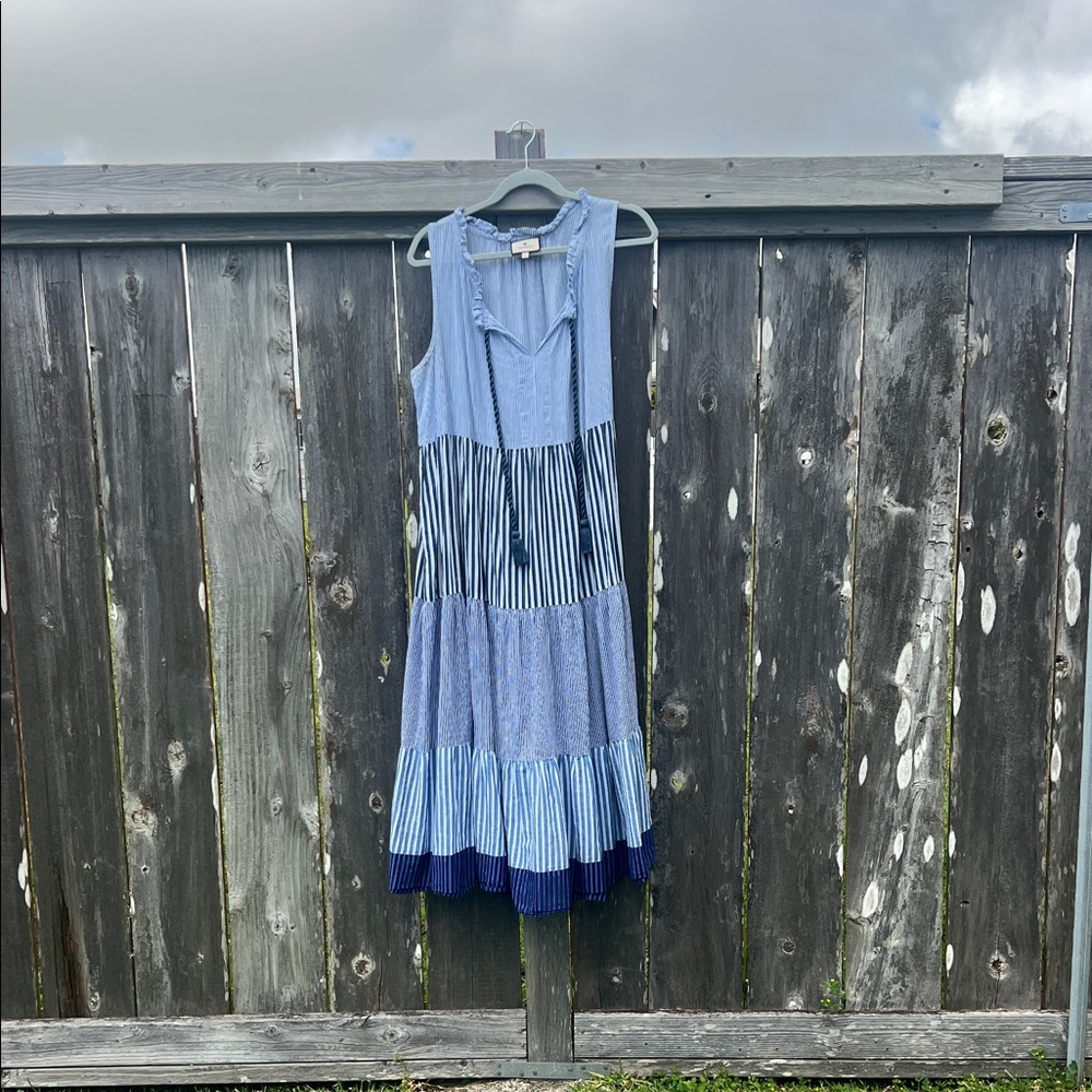 Tuckernuck Blue and White Striped Ruffle-Neck Dress